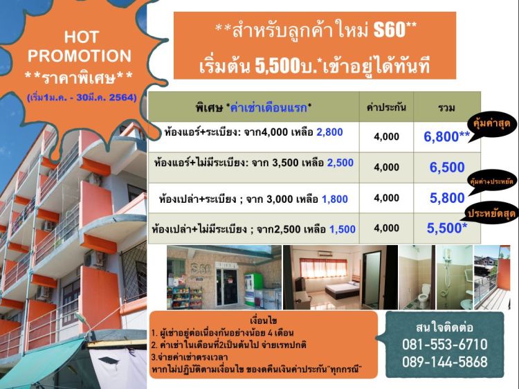 S60 อพาร์ตเมนท์ ซ.สุขสวัสดิ์60 รายเดือน รายวัน