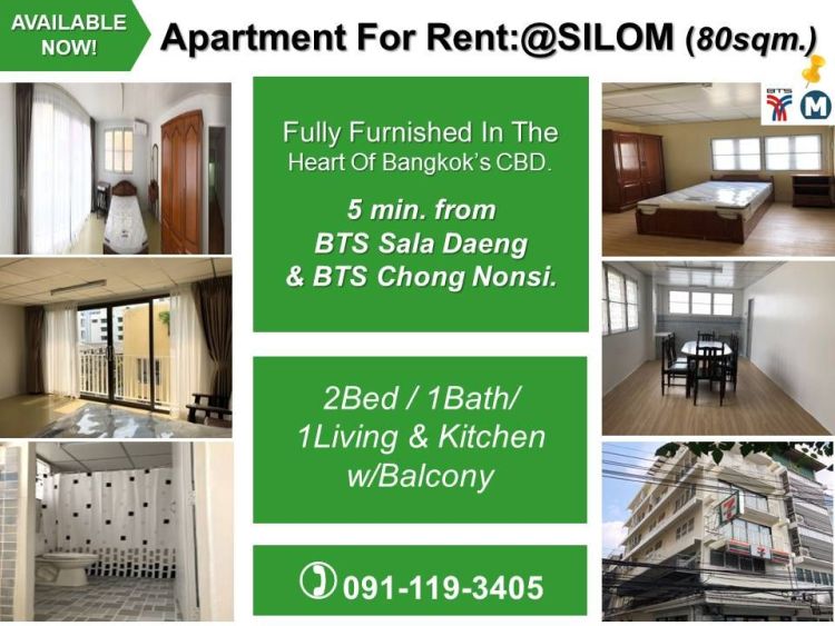 Apartment For Rent - 2 Bed,Fully furnished @Silom (80 sqm.) BTS/MRT